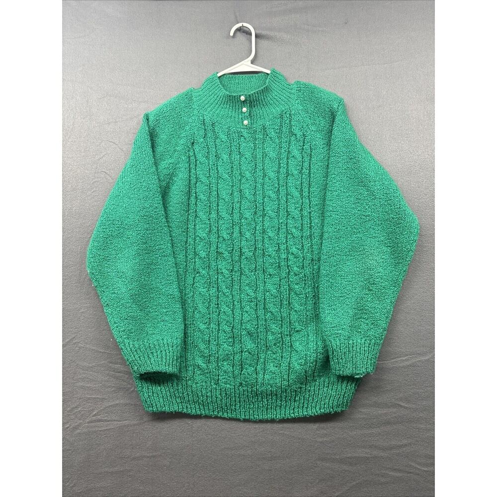 Miranda Green Mock Neck Sweater with Pearl Buttons Vintage Style Knit Sz M